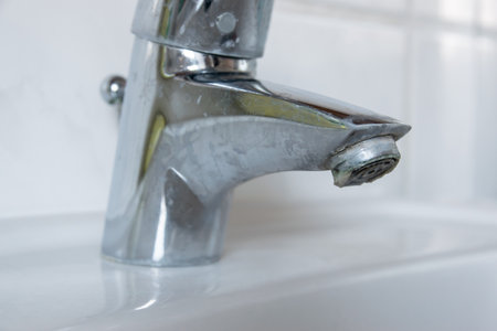 Water dripping off lime on metal tap. Dirty faucet in bathroom.の写真素材