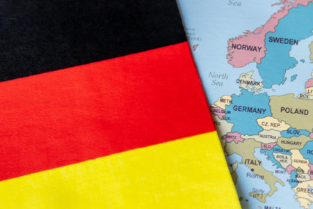 National flag of Germany on the world map background.の写真素材