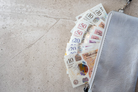 Silver partmone with British pound money. United Kindom bills in leather wallet for commerce...