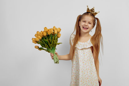 Little smiling girl holding flowers and wearing crown. International women's day.の写真素材