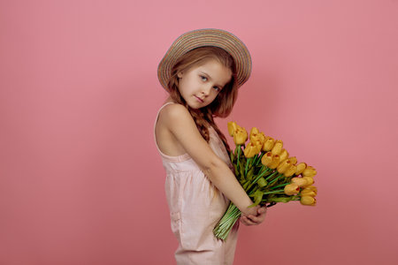 Little girl with pigtails holding flowers wearing hat on pink background. International women's day.の写真素材