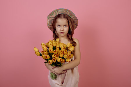Little girl with pigtails holding flowers wearing hat on pink background. International women's day.の写真素材