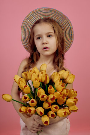 Little girl with pigtails holding flowers wearing hat on pink background. International women's day.の写真素材