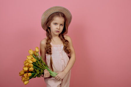 Little girl with pigtails holding flowers wearing hat on pink background. International women's day.の写真素材