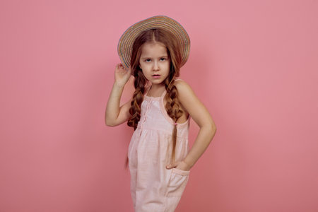 Little girl with pigtails wearing hat on pink backgroundの写真素材