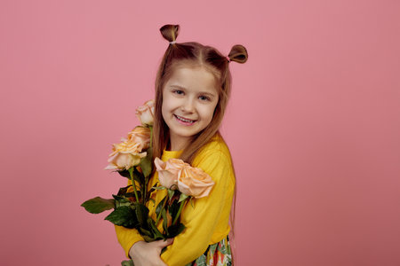Little smiling girl holding flowers on pink background. International women's day.の写真素材