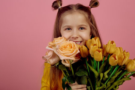 Little smiling girl holding flowers on pink background. International women's day.の写真素材