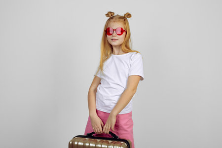 Redhead smiling teen girl holding suitcase wearing glasses. Luggage, travelling, vacation.の写真素材