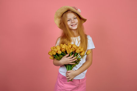 Teen redhead smiling girl with yellow tulips, flowers on pink background with hat. International women's day.の写真素材