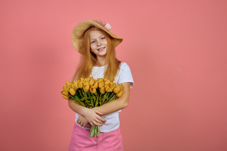 Teen redhead smiling girl with yellow tulips, flowers on pink background with hat. International women's day.の写真素材