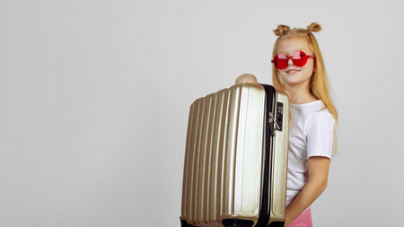 Redhead smiling teen girl holding suitcase wearing glasses. Luggage, travelling, vacation.の写真素材