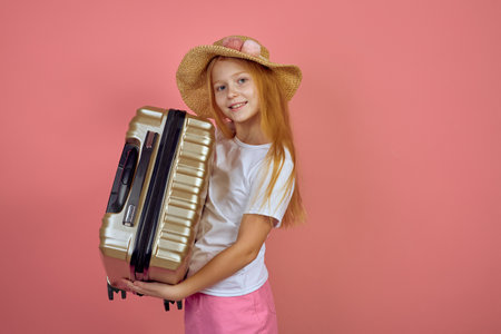 Redhead smiling teen girl holding suitcase wearing hat. Luggage, travelling, vacation.の写真素材