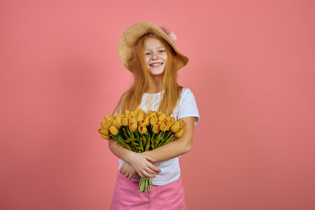 Teen redhead smiling girl with yellow tulips, flowers on pink background with hat. International women's day.の写真素材