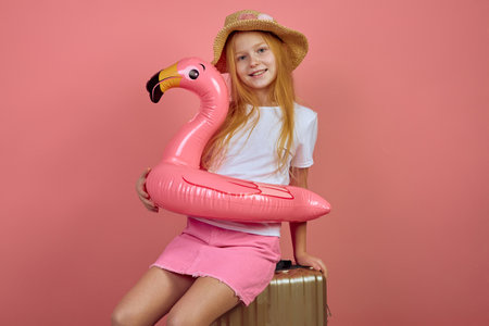 Redhead teen girl with flamingo pool float toy wearing hat sitting on suitcase on pink background. Summer, vacation, travelling, luggageの写真素材
