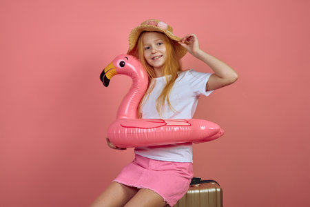 Redhead teen girl with flamingo pool float toy wearing hat sitting on suitcase on pink background. Summer, vacation, travelling, luggageの写真素材