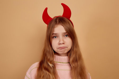 Little girl with red devil horns sad and offended expression.の写真素材