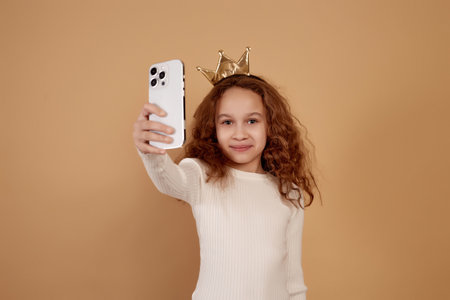 Little African-American girl with long curly hair holding phone on beige background.の写真素材