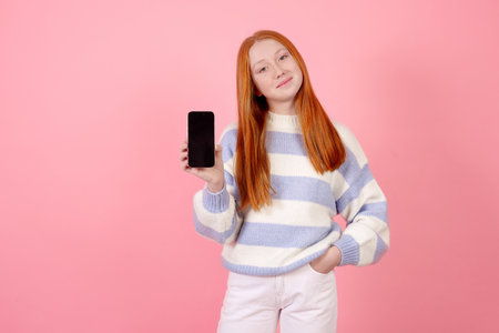 Confident redhead teenage girl wearing sweater holding phone showing screen on pink background in studio.の写真素材