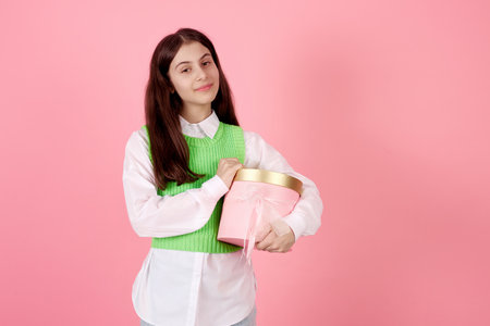 Smiling teenage girl holding present box on pink background in studio.の写真素材