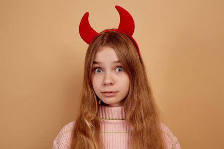 Little girl with red devil horns surprised expression.の写真素材