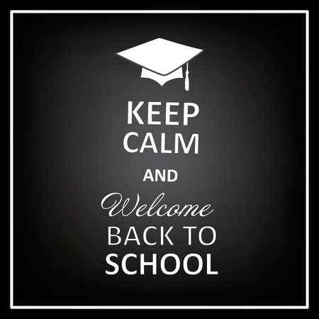 Vector lettering inscription keep calm and welcome back to school. Hand drawn unique illustration for poster, banner, print, advertisement design. White on blackのイラスト素材