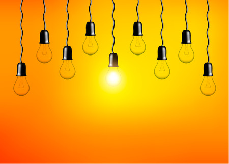 Vector Light bulbs on orange yellow background. Realistic style lamps. Business idea concept. Object for infographics, presentations. Web design, poster, banner print decoration element.のイラスト素材