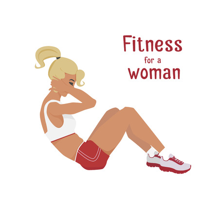 Vector girl in red does abdominal crunches . Flat, cartoon style woman does sit-ups, working out her abdominal muscles. fitness, active lifestyle illustration. Print banner poster design elementのイラスト素材