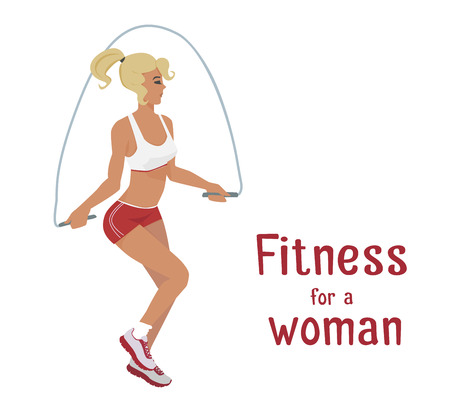 Vector girl in red makes skipping rope exercises . Flat cartoon style Woman does sports workout,cardio training . Fitness active lifestyle illustration Print banner poster advertisement design elementのイラスト素材