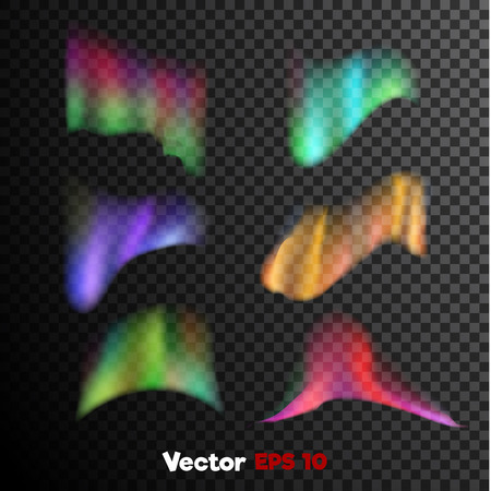 Vector realistic 3d colored bright shiny northern, polar light Weather state, nature phenomenon objects on dark transparent background Web design, decoration element. Banner, print poster objects set.のイラスト素材