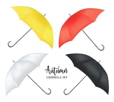 Vector parasol rain umbrella, Sunshade set. Red, yellow white black colored .Blank Classic Opened Round slanted Mock up isolated .Side View.illustration object for advertising, poster, banner design.のイラスト素材