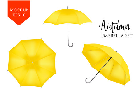 Vector realistic parasol rain umbrella, Sunshade set. yellow colored, isolated .Blank Classic Round slanted Mock up isolated .Side, top View.illustration object for advertising, poster, banner design.のイラスト素材
