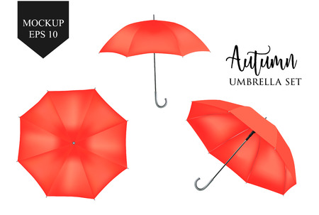 Vector realistic parasol rain umbrella, Sunshade set. red colored, isolated .Blank Classic Round slanted Mock up isolated .Side, top View.illustration object for advertising, poster, banner design.のイラスト素材