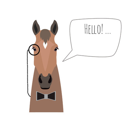 Vector hipster flat horse wearing black bowtie and monocle saying hello isolated. Object for advertisement, web page design, poster, banner, print element. Flat, cartoon styleのイラスト素材