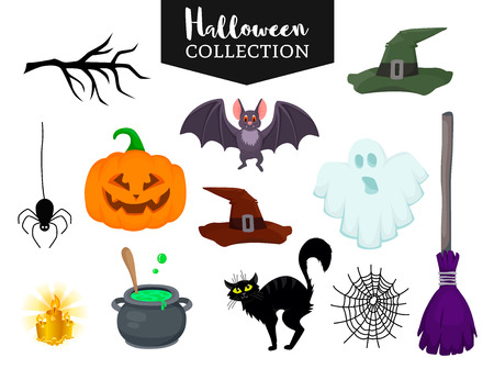 Vector set of Halloween hand drawn flat cartoon objects. Magic hat witch broom, black cat, bat, ghost, pumpkin, small spider near web,candle, branch, bowler. Poster banner advertisement design elementのイラスト素材