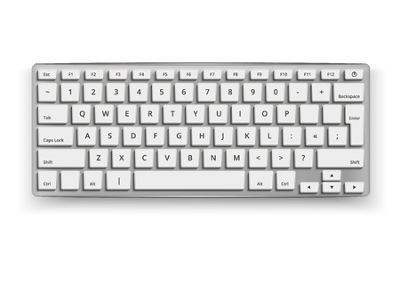 Vector realistic desktop keyboard mockup. 3d qwerty alphabet computer electronic device with white letter buttons on grey.のイラスト素材