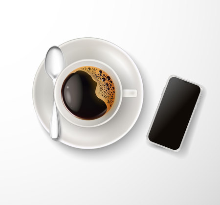 A Vector realistic cup coffee saucer spoon phoneのイラスト素材