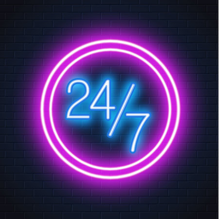 Vector neon 24 7 open sign brick wallのイラスト素材