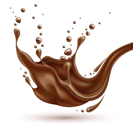 Vector realistic chocolate splash, pouring liquid chocolate whirl, melted, molten cocoa flow. High detailed illustration isolated white background for advertising design, sweet food packaging elementのイラスト素材