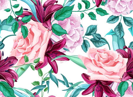 Pink rose with lily bouquet seamless patternのイラスト素材