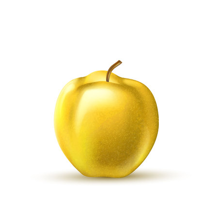 Apple yellow fruit. Realistic 3d sweet dessert ripe food. Healthy juicy summer object, vacation symbol. Fresh vitamin nutrition. Isolated illustration, white background, retail advertising posterのイラスト素材