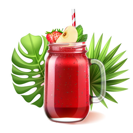Realistic smoothie mason glass jar. Vector strawberry, watermelon fruit juice drink with sliced apple mint straw. Healthy fitness cocktail, sweet raw organic summer shake, tropical leaves backgroundのイラスト素材