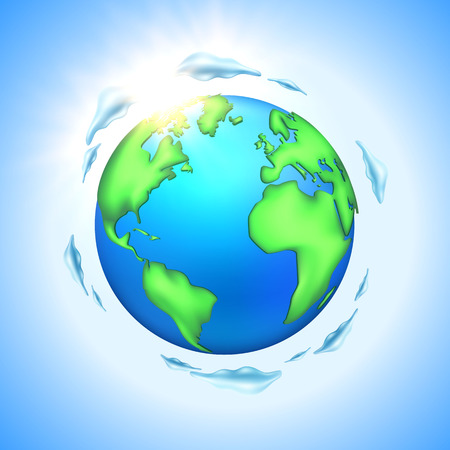 Cartoon earth planet globe. 3d geography map with continents mainlands oceans and trees. Earth day, save the environment symbol. Digital communication, network internet connection vector illustrationのイラスト素材