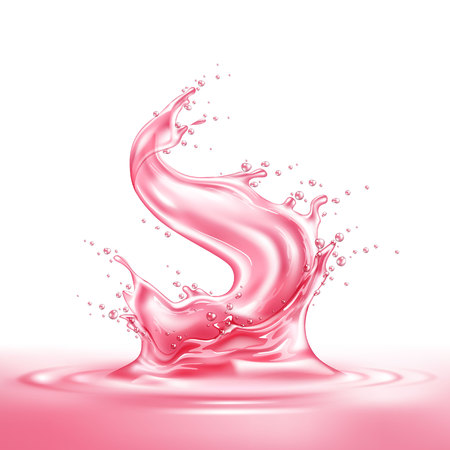 Strawberry juice splash realistic vector. 3d pink berry fruit liquid, summer tropical vacation drink symbol Fresh vitamin sweet liquid flowing in motion, isolated background illustrationのイラスト素材