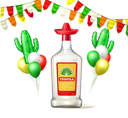 Cinco de Mayo poster design with tequila, bunting 
 and balloonsのイラスト素材