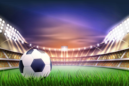 Football soccer stadium tribune backgroud with ball at realistic green grass field playground, illuminated by 3d spotlight. Match championship competition arena for sport events. Vector illustrationのイラスト素材