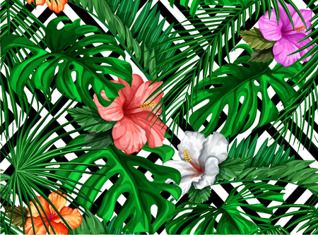 Vector tropical leaves hibiscus seamless patternのイラスト素材