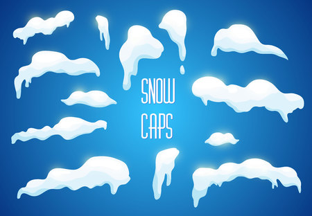 vector realistic snow, ice caps snowballs and snowdrifts set. winter decoration symbols for your design. Illustration on blue background.のイラスト素材