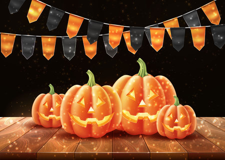 Vector halloween poster with jack o lanterns scary pumpkin face on wooden background with orange black realistic buntings. Traditional holiday decoration, autumn trick or treat kids event.のイラスト素材