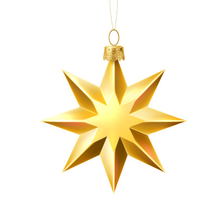 Christmas tree golden star hanging toy. Realistic shiny golden decor element. Traditional festive xmas eve, new year celebration decoration design symbol. Vector bright decorative hanging objectのイラスト素材
