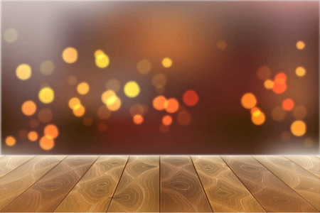 Wooden textured table, desk on blurred festive bokeh lights, glittering background for christmas new year holiday design. Warm cozy backdrop, xmas winter celebration vector design empty space for textのイラスト素材